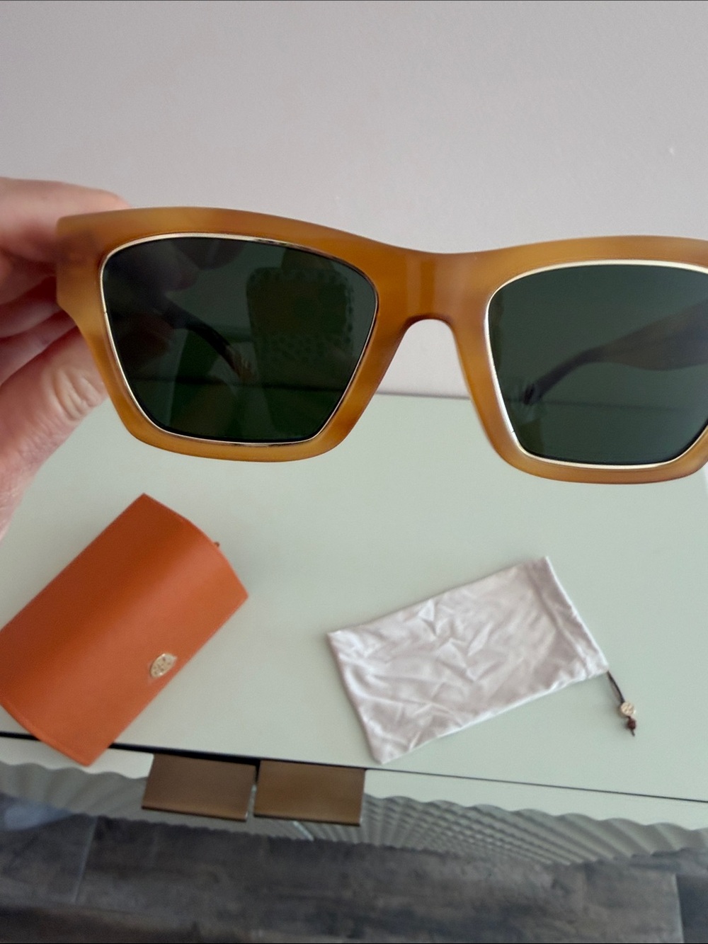 Tory Burch Amber Tortoiseshell Sunglasses with Orange Case and Pink Pouch